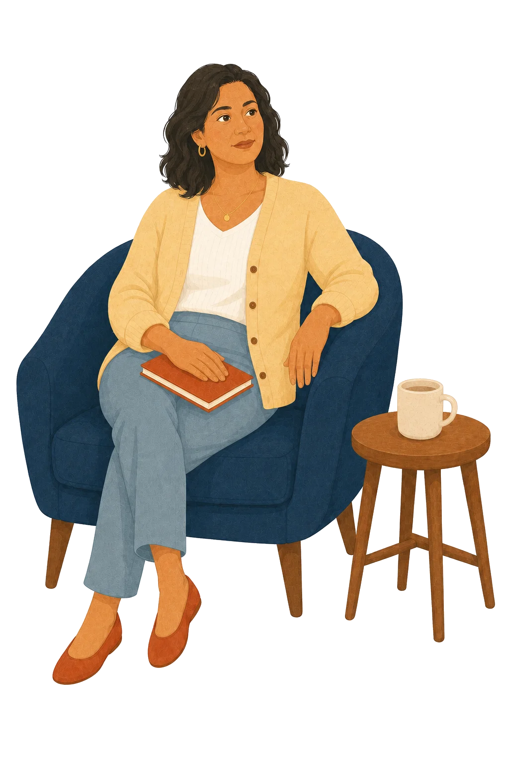A woman seated in a navy chair with a journal resting on her lap