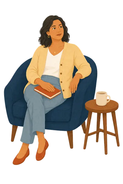 An adult seated in a navy chair with a journal resting on their lap