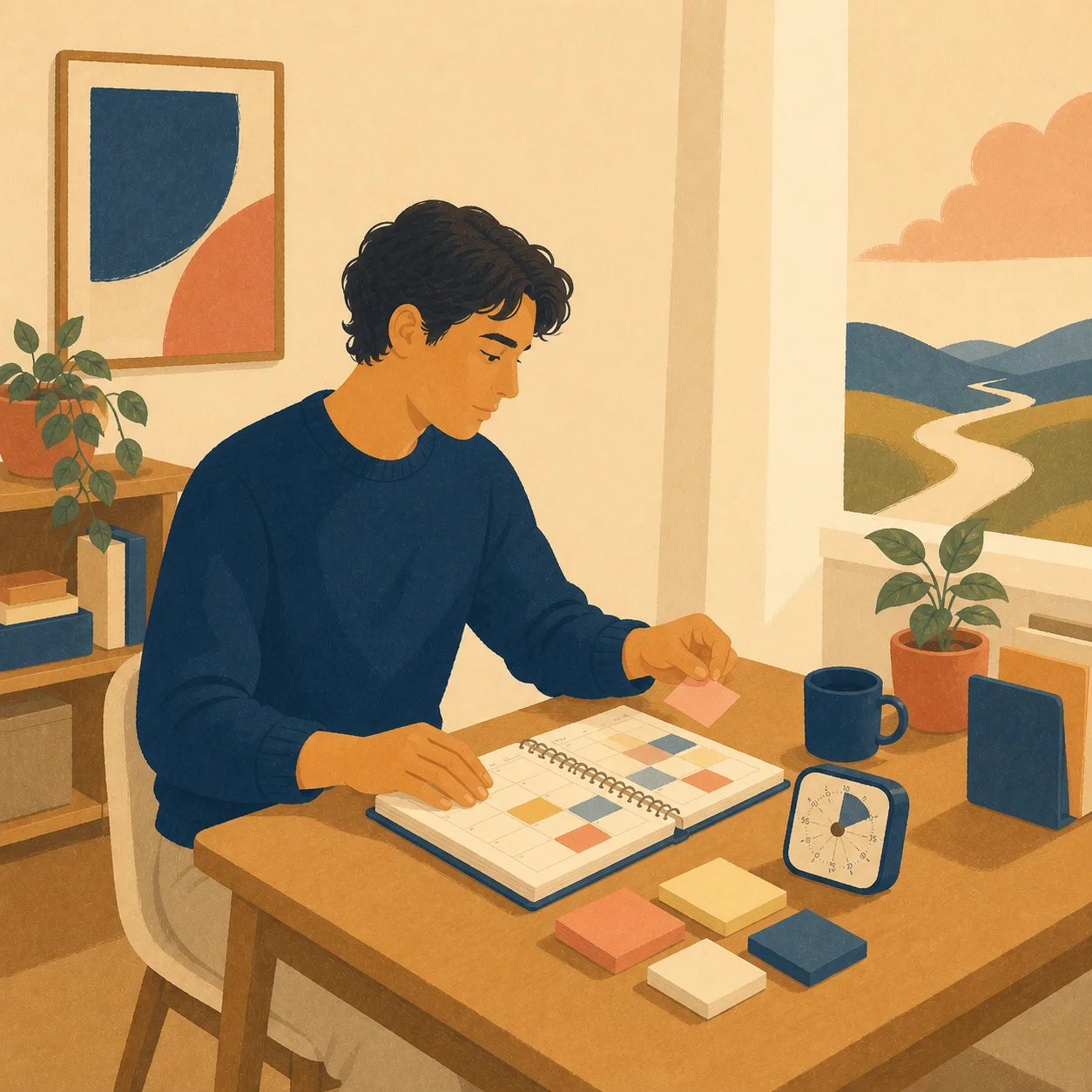 A young adult using a planner, timer, and visual reminders to make the day more manageable