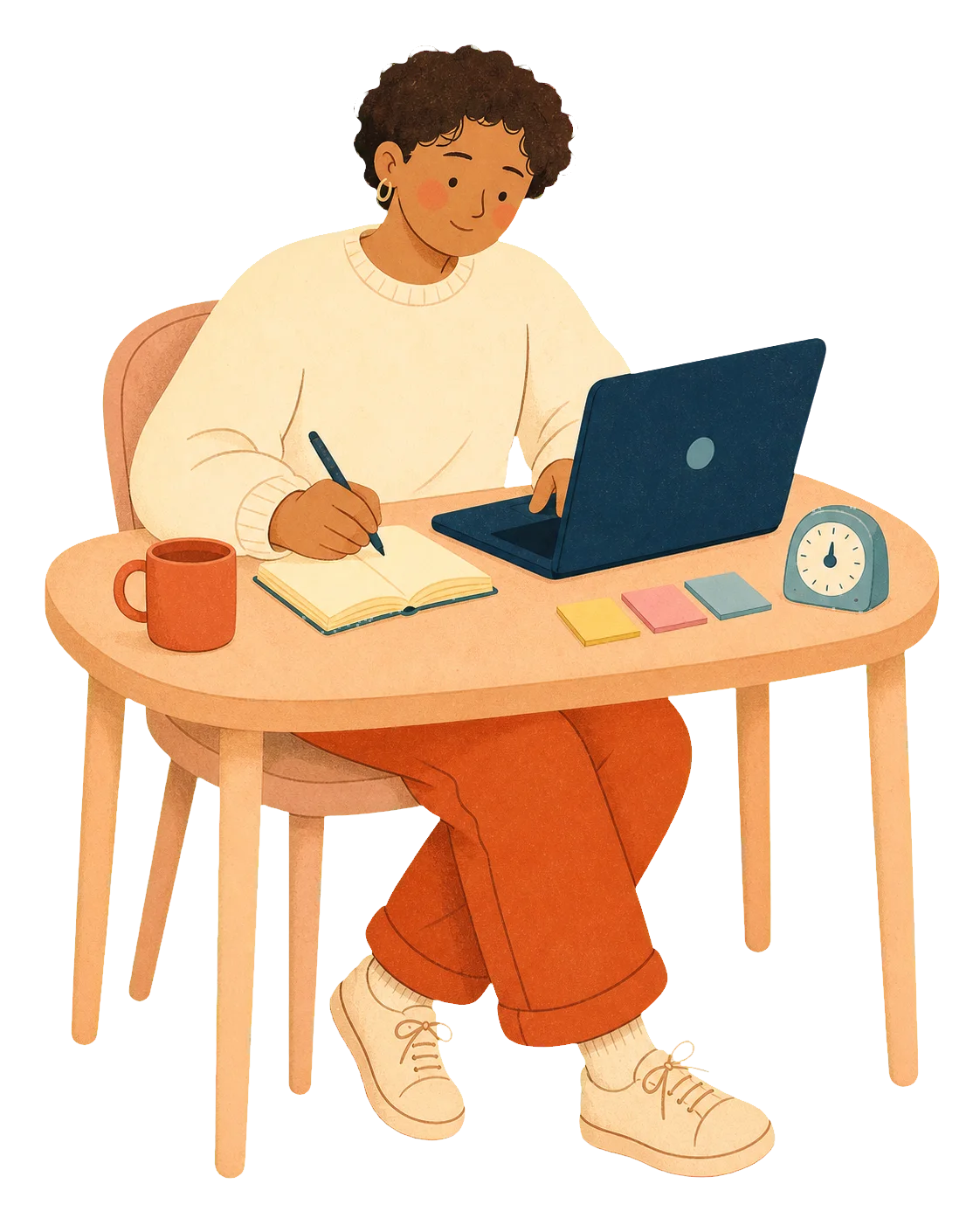 A person organizing notes beside a laptop, notebook, clock, and warm drink