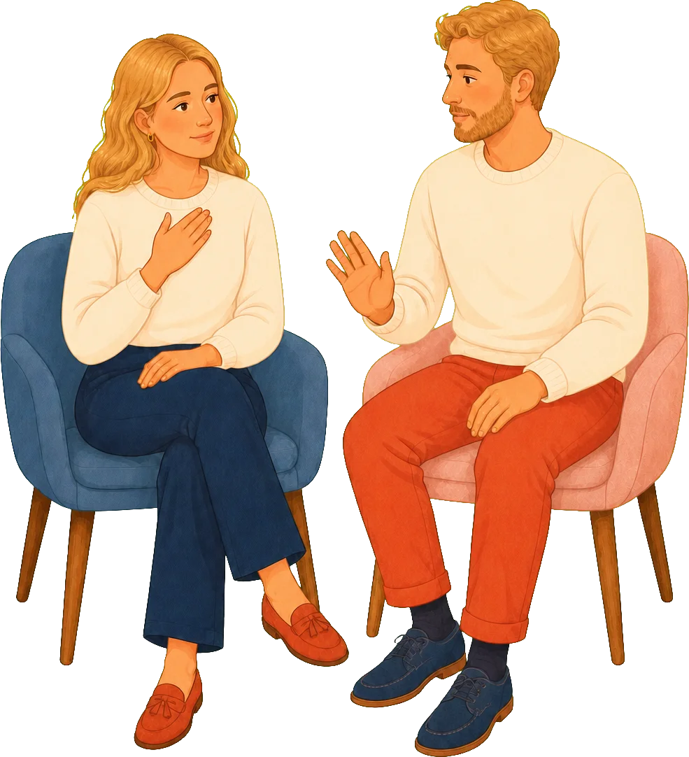 A blonde woman and blonde man practicing calm, reflective communication