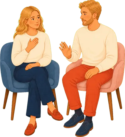 A blonde woman and blonde man practicing calm, reflective communication