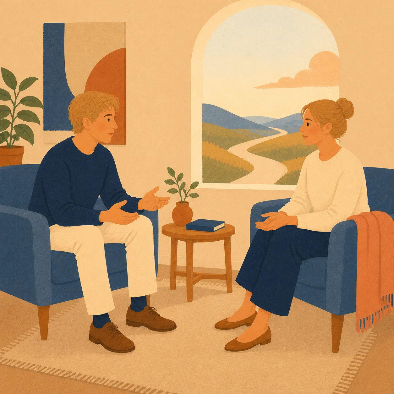 A young adult man and woman practicing a calm conversation with space to pause and respond