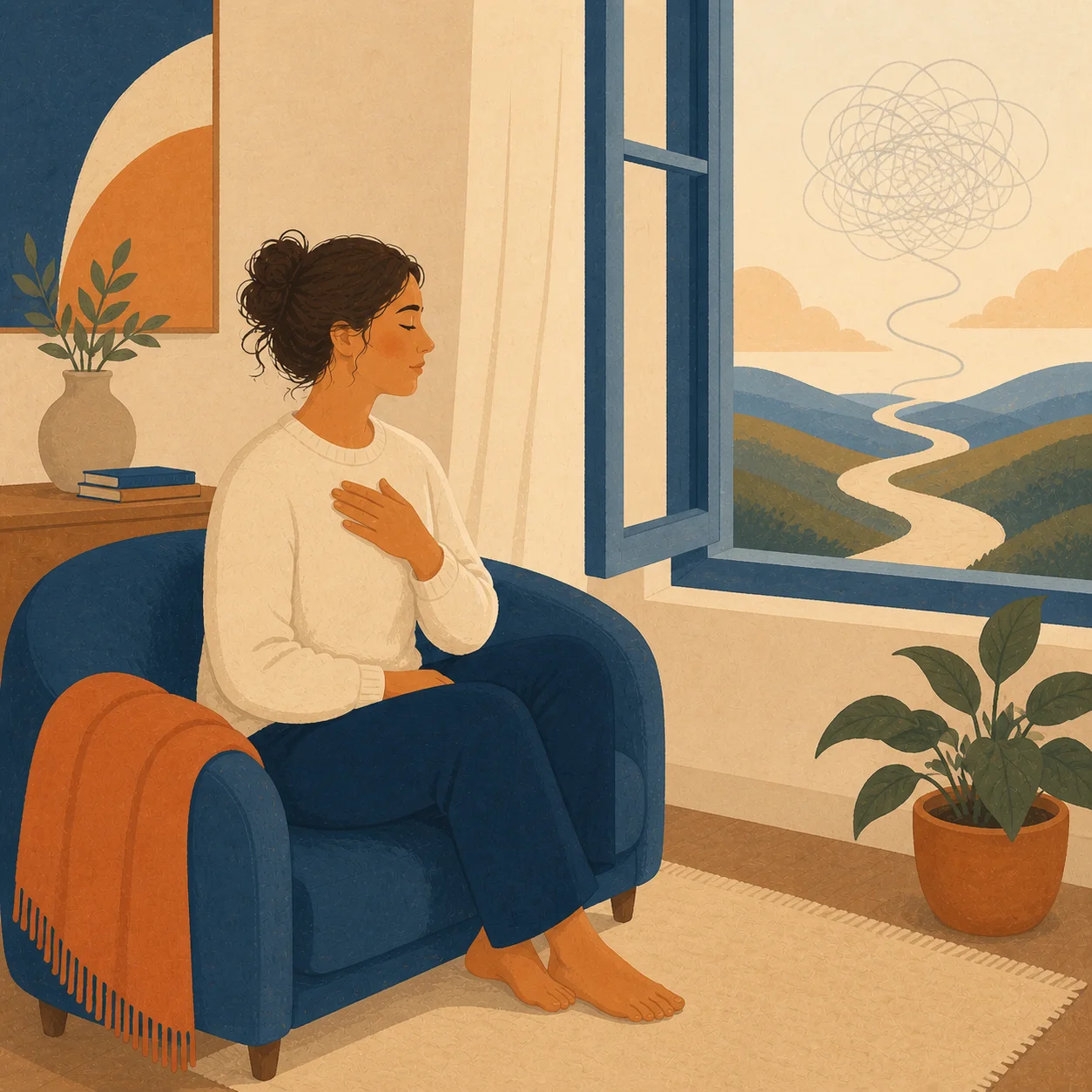 A young adult grounding herself beside an open window as tangled thoughts begin to settle