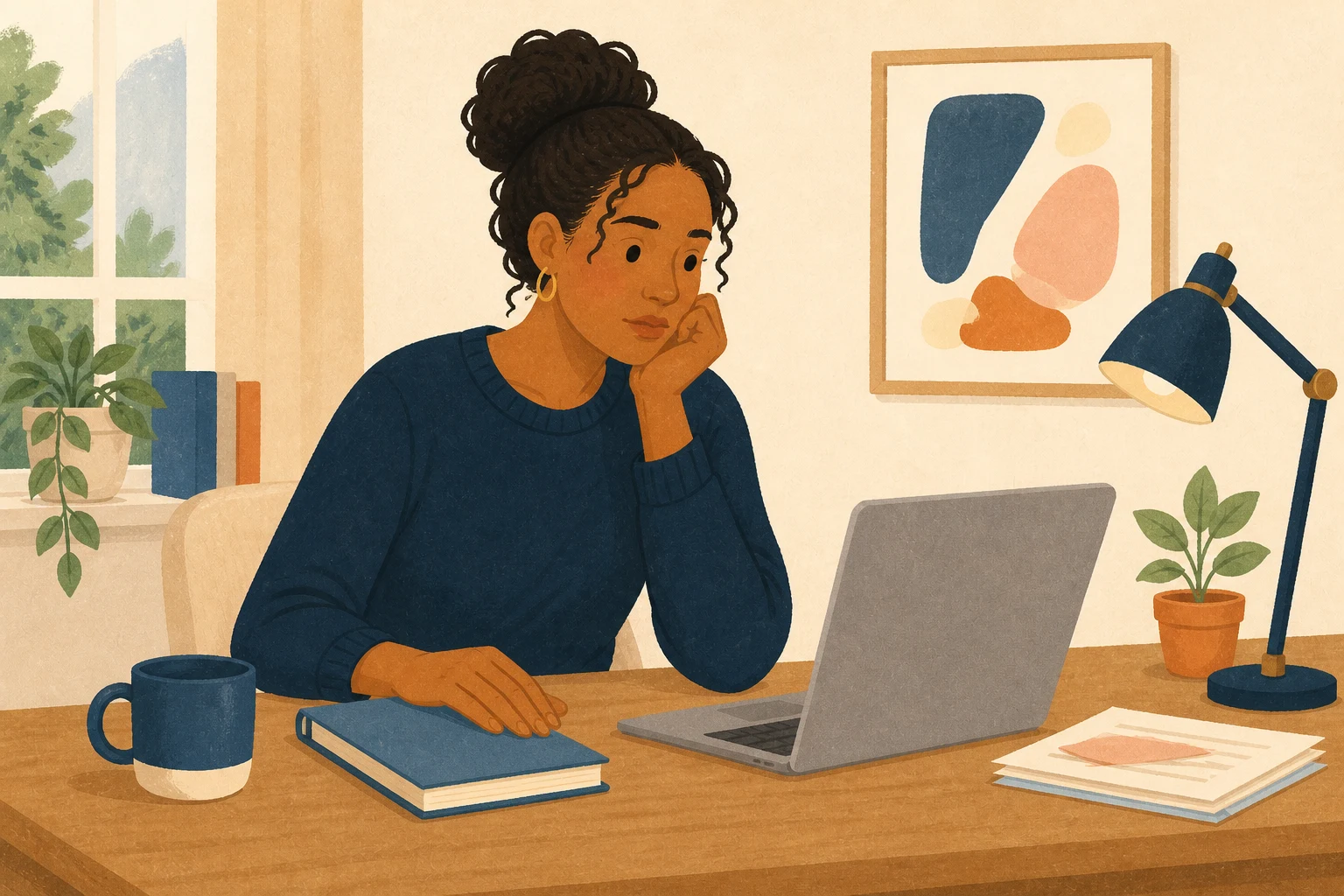 A young adult pauses at her desk while anxiety makes beginning a task feel difficult.