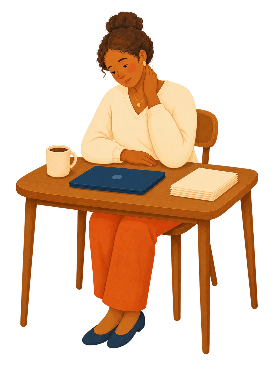 A tired person pausing beside a closed laptop, papers, and a warm mug