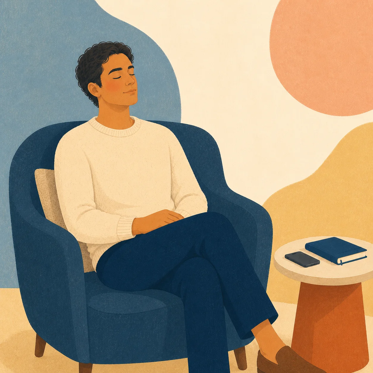 A man resting in a chair with his phone set aside