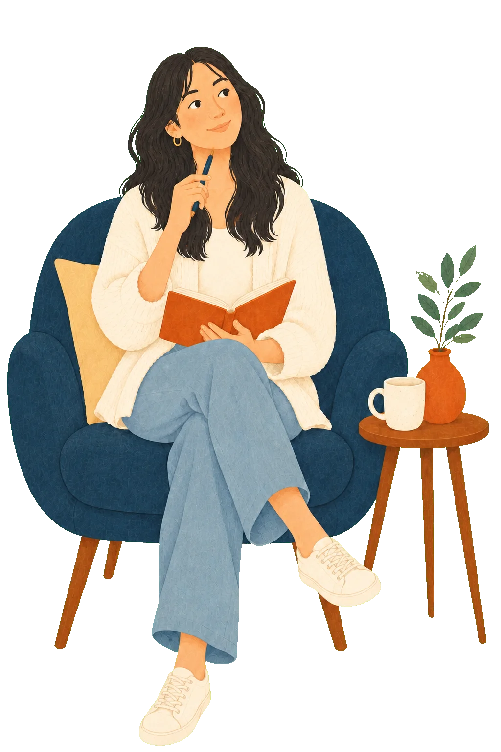 An adult reflecting with a notebook in a comfortable chair