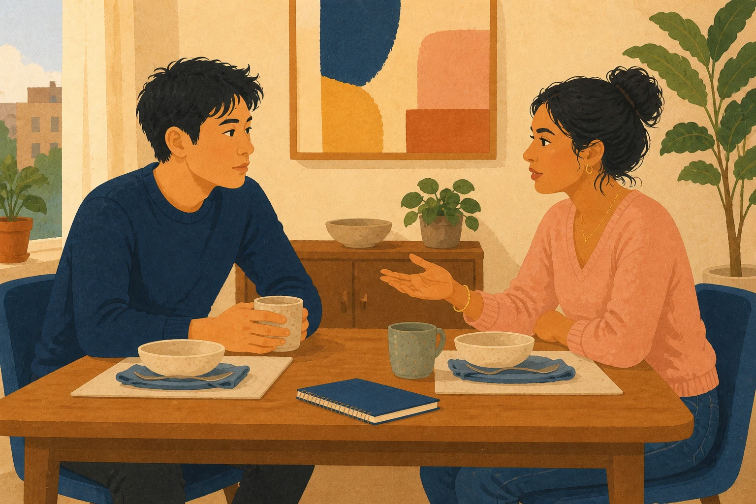 A young couple has a thoughtful conversation across their dining table.