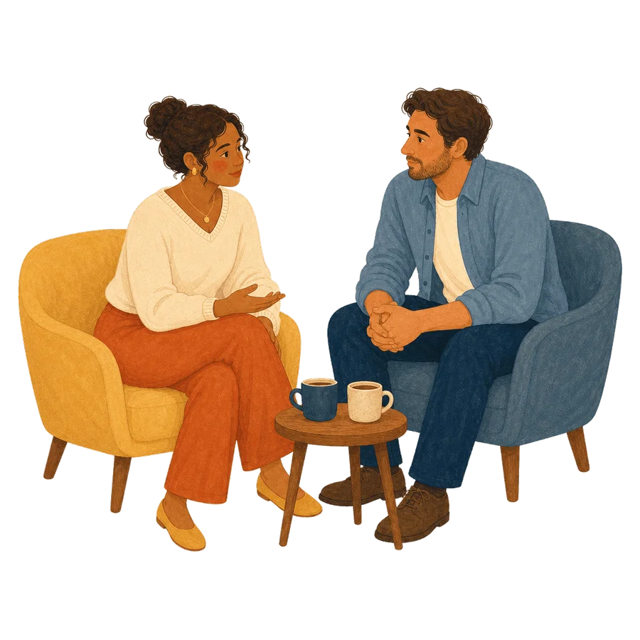 A couple having a thoughtful conversation in comfortable chairs