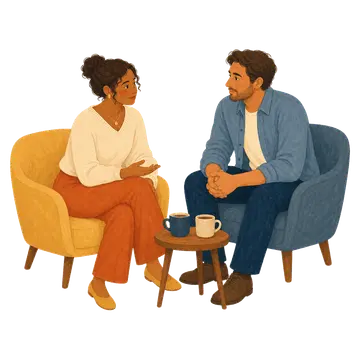 Two partners speaking together in a supportive therapy setting