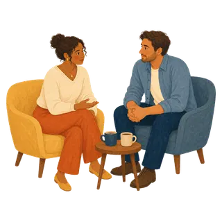 A couple listening and speaking with care in a warm counseling setting
