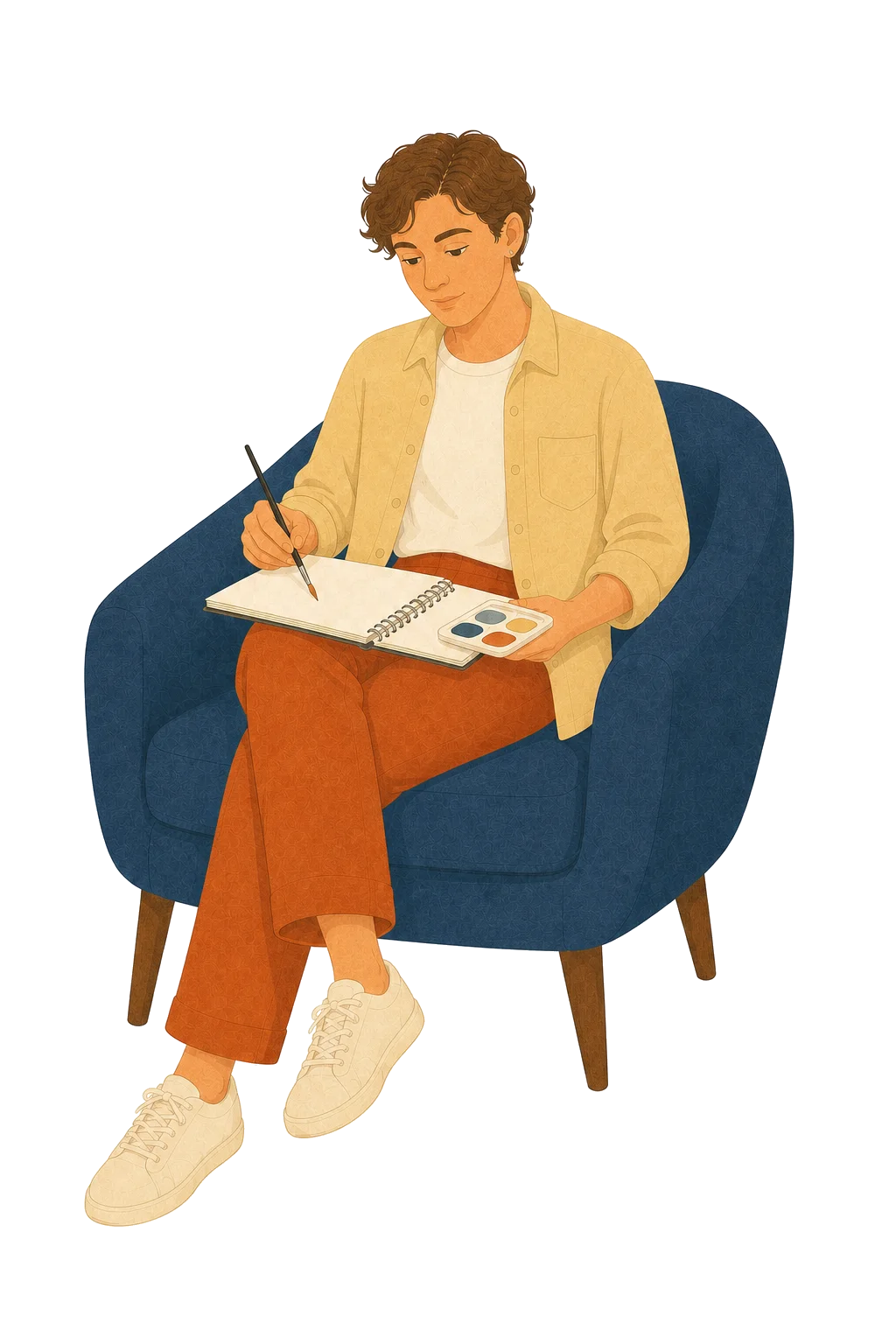 A young adult seated in a navy chair using paint and a sketchbook