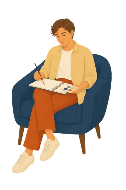 A young adult using paint and a sketchbook while seated in a chair