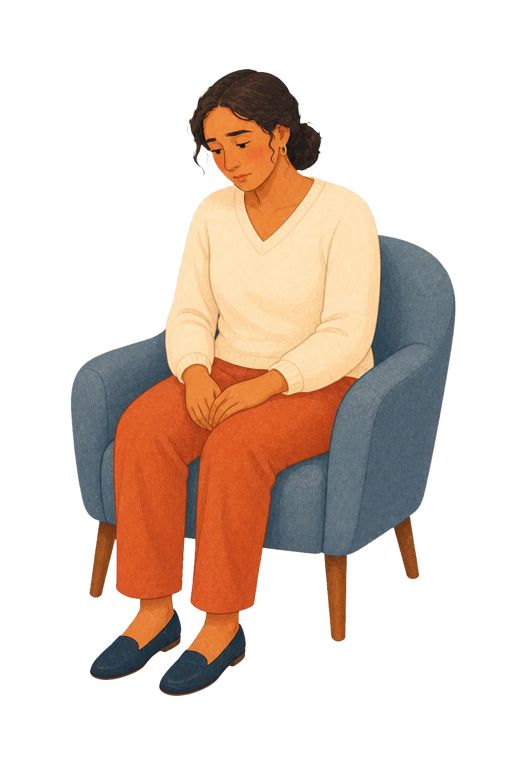 A person sitting quietly in an armchair with a subdued, reflective expression
