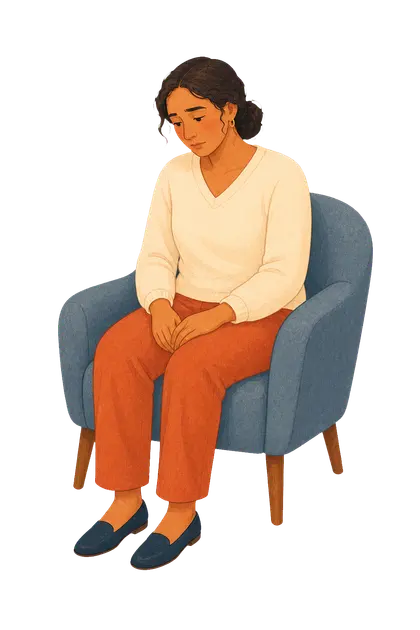A reflective adult seated quietly in an armchair