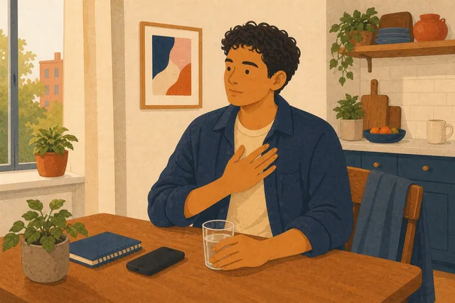 A young adult pauses at a kitchen table with one hand on his chest and a glass of water nearby.