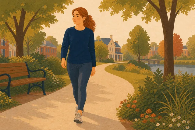 A young adult takes a calm morning walk along a neighborhood park path.
