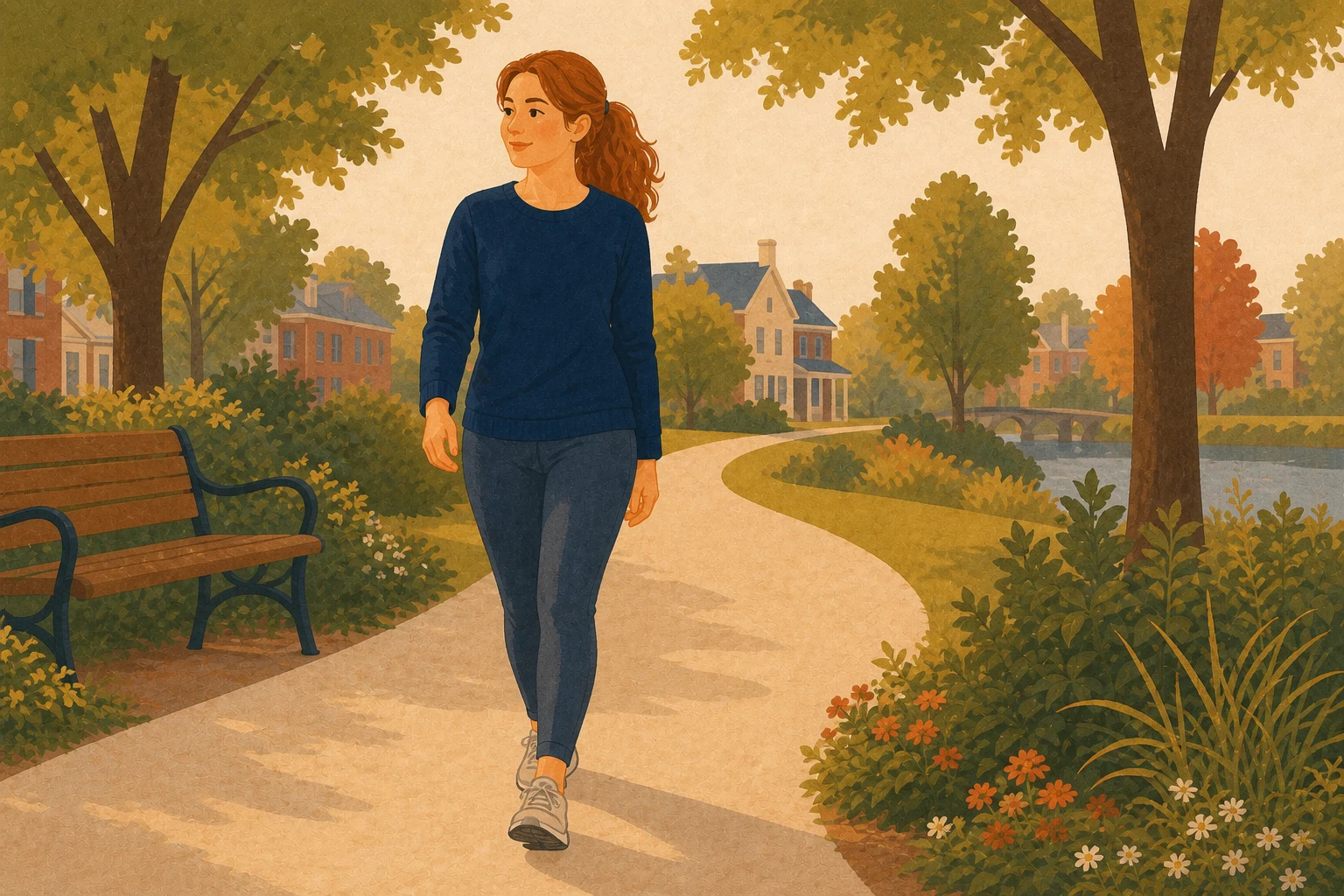 A young adult takes a calm morning walk along a neighborhood park path.