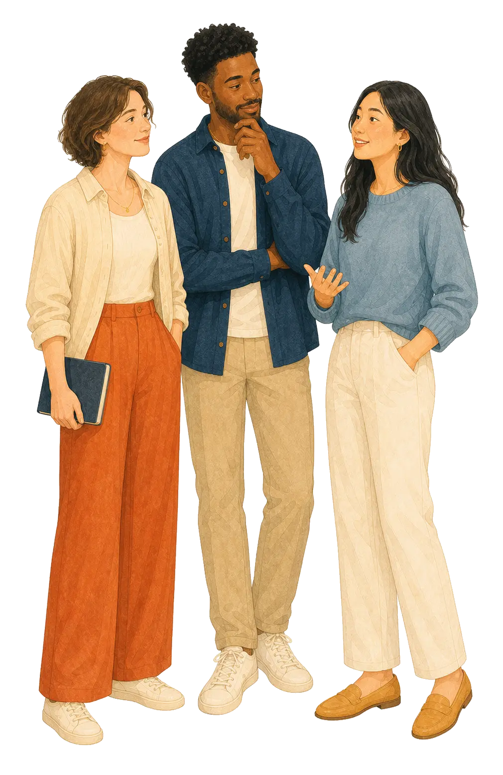 Three adults standing together in conversation
