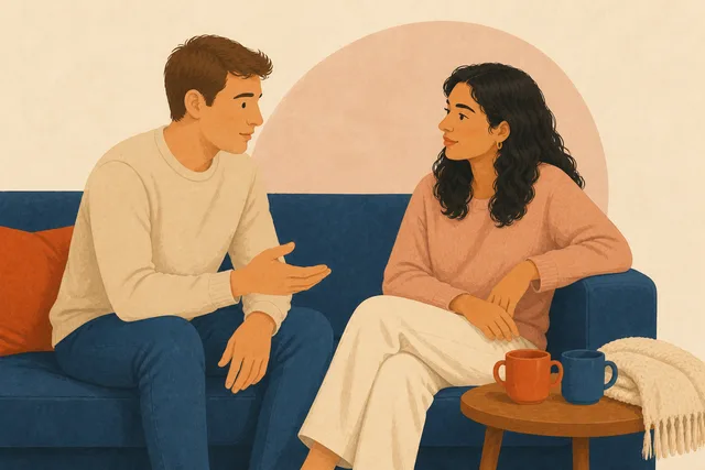 Two young adult friends have a quiet, supportive conversation while seated together on a sofa.