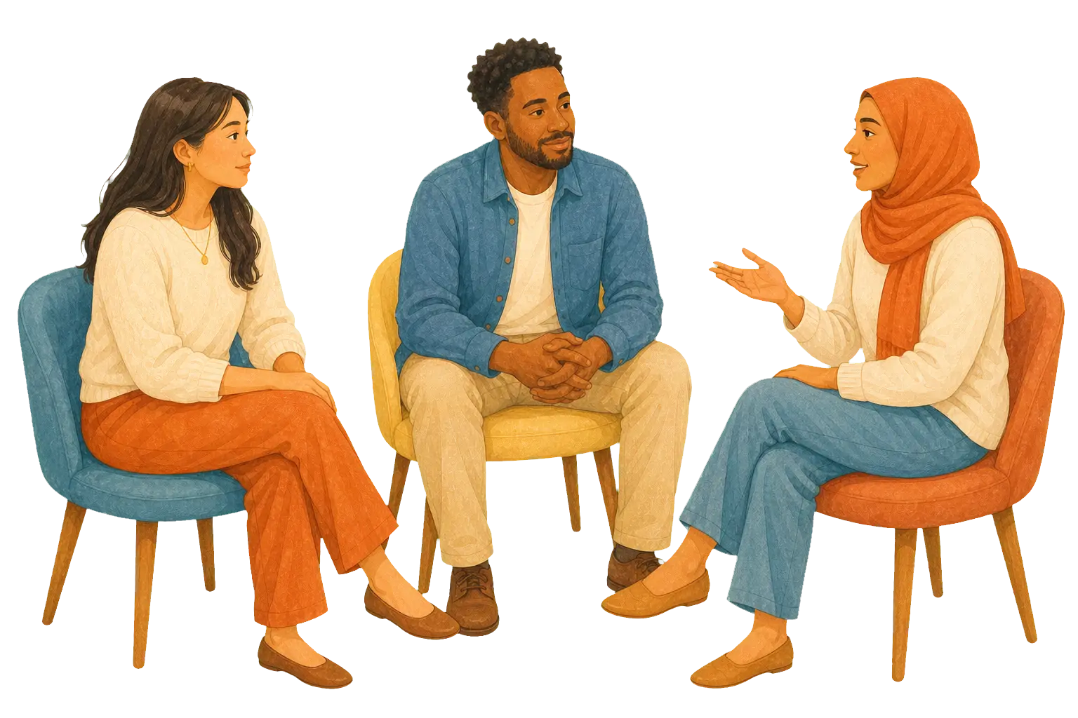 Three diverse adults having a calm and supportive counseling conversation