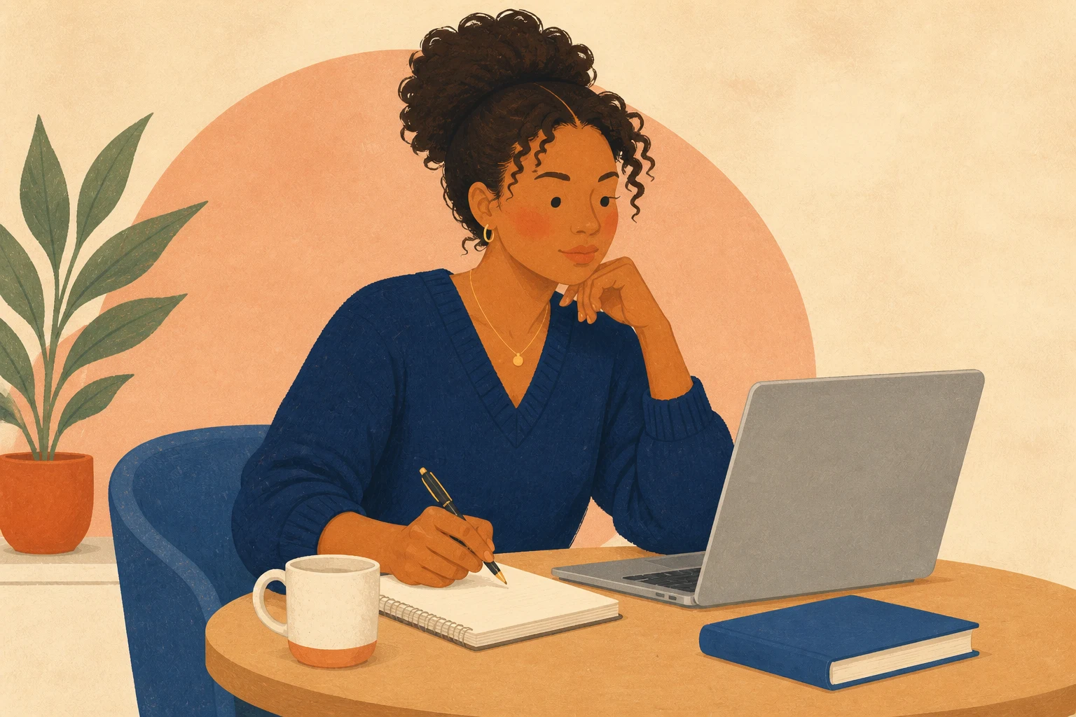 A young adult thoughtfully reviews therapist options on a laptop while taking notes at a table.