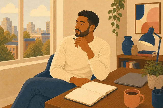A young adult pauses beside an open notebook and looks thoughtfully toward a sunlit city window.