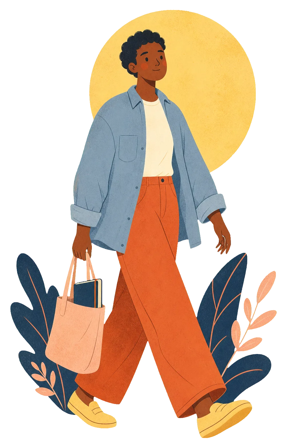 A young adult moving forward with a notebook in hand