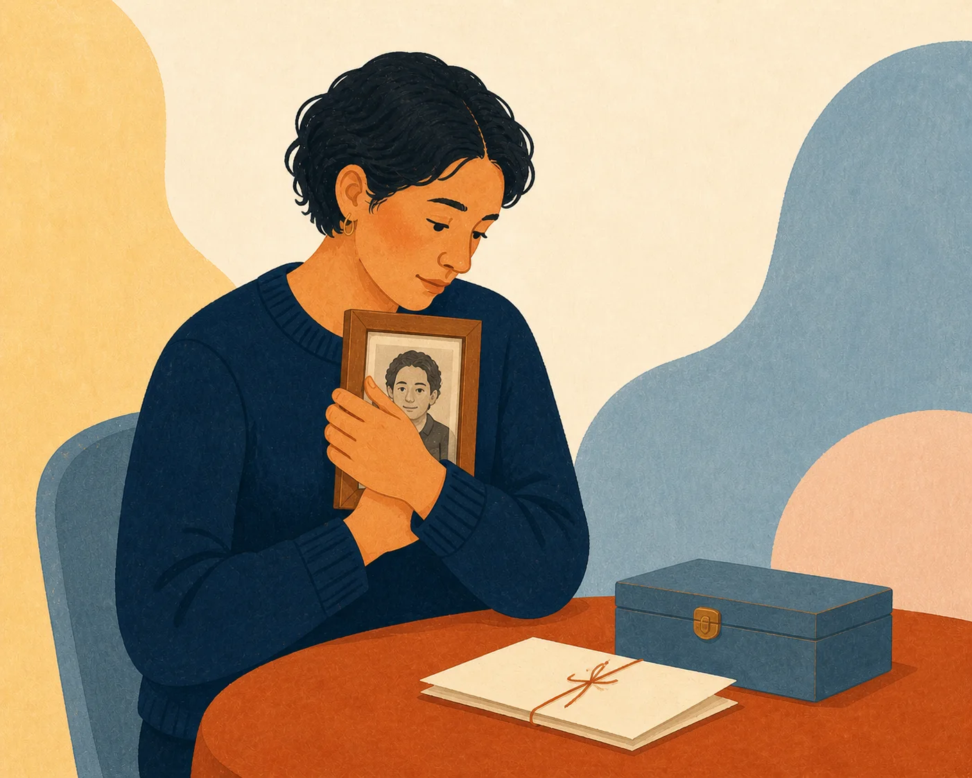 A person holding a treasured photograph beside a letter and keepsake box
