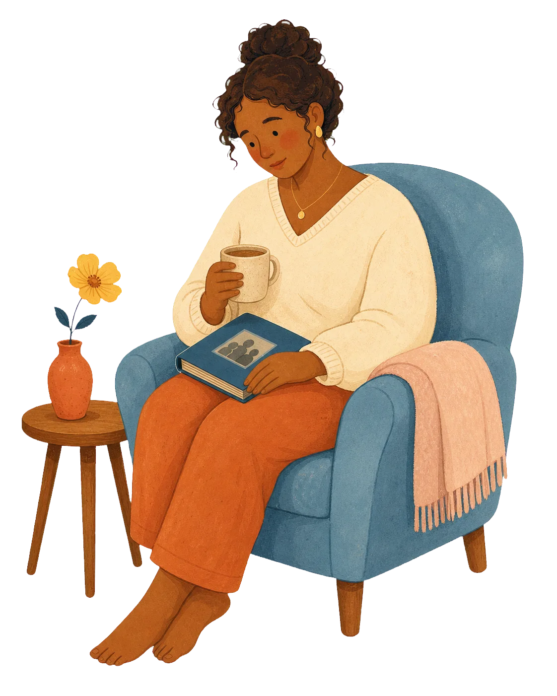 A reflective person holding a warm drink and looking through a photo album