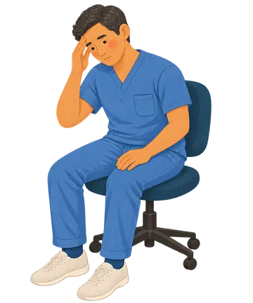 A healthcare worker in scrubs pausing after a demanding day