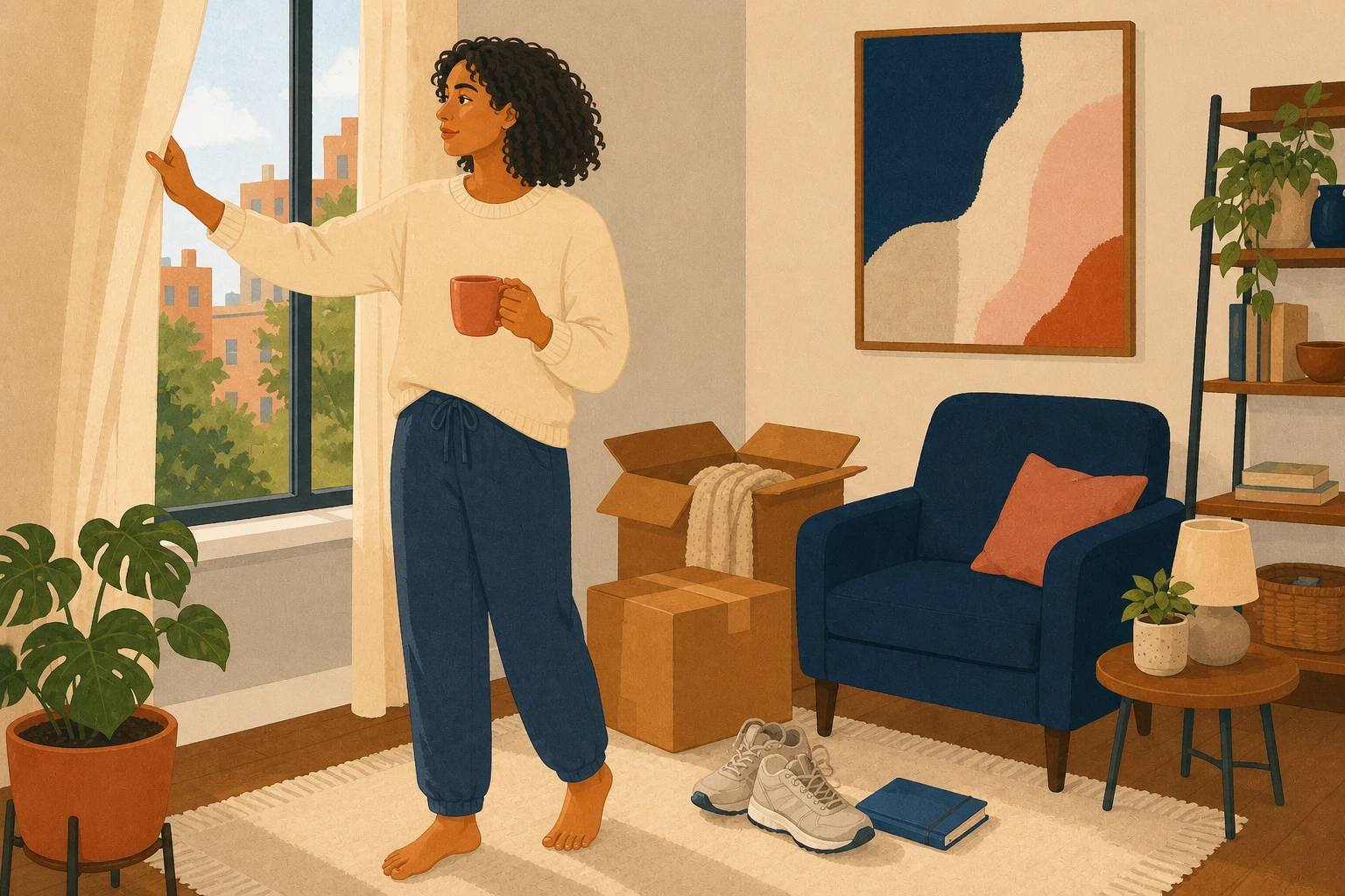 A young adult opens the curtains in a partially unpacked home while holding a warm mug.
