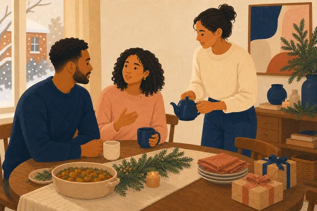 Three adults share tea and a thoughtful conversation around a holiday table.