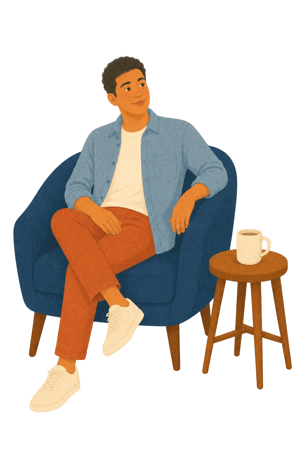 A young man seated comfortably in a navy chair beside a small table and mug