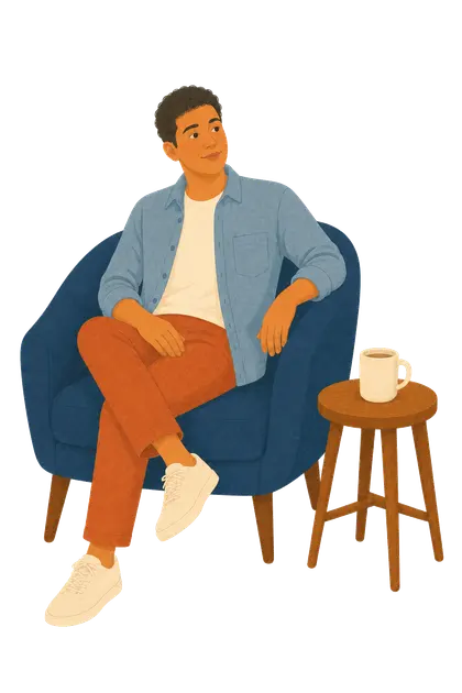 A young adult seated comfortably beside a small table and mug