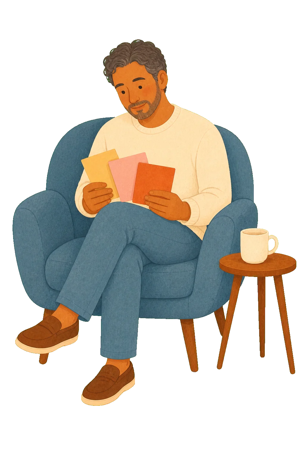 An adult thoughtfully holding three colored cards while seated in a comfortable chair