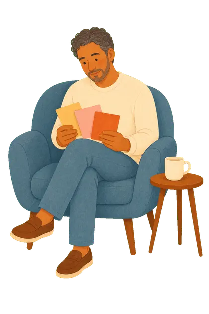 An adult thoughtfully holding colored cards while seated in a chair