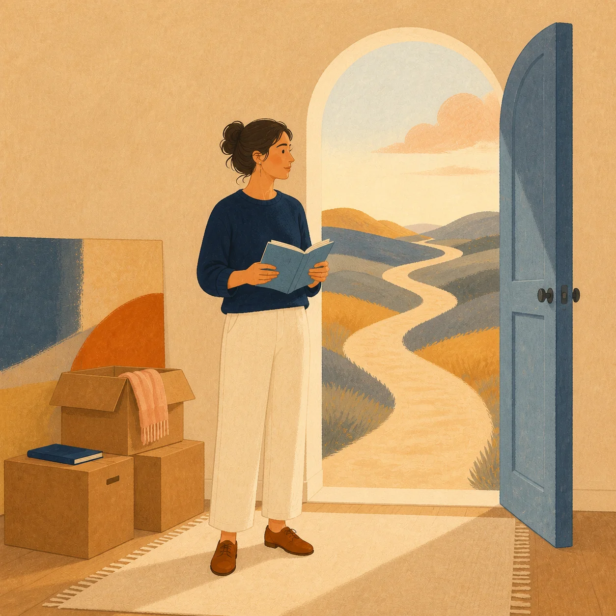A person with moving boxes and a notebook looking through an open doorway toward a winding path