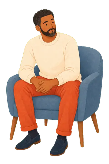 An adult man seated thoughtfully in a calm space