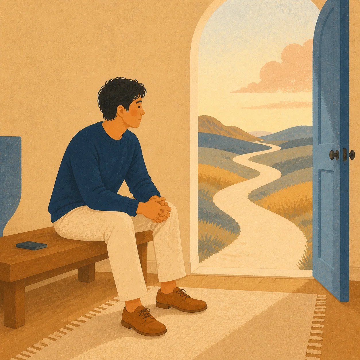 A young adult man pausing beside an open doorway with room to begin honestly