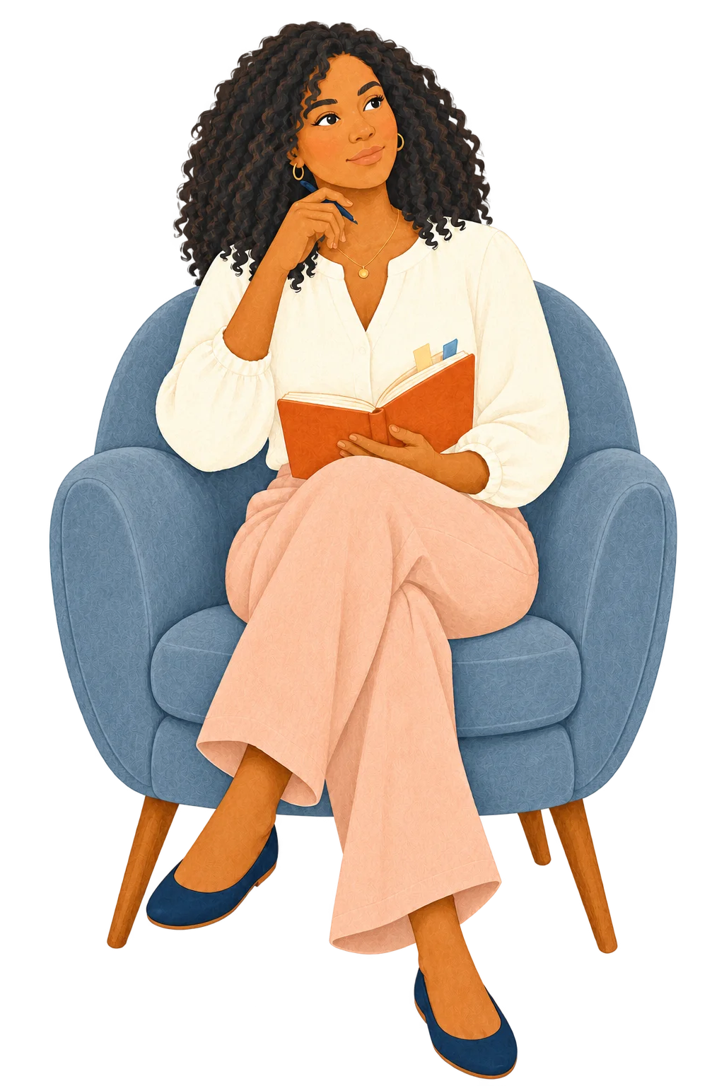 An adult thoughtfully reflecting with a notebook while seated in a comfortable chair