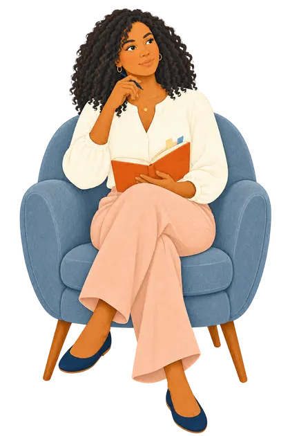 An adult reflecting with a notebook while seated in a comfortable chair