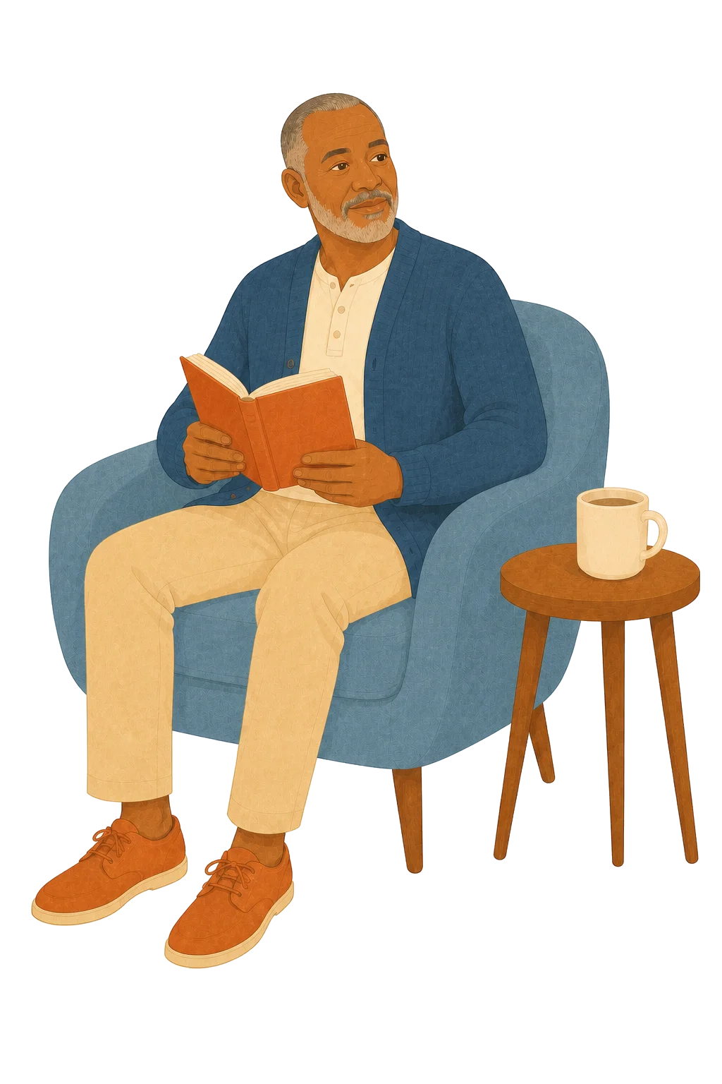 An older man seated in a slate chair holding an open journal