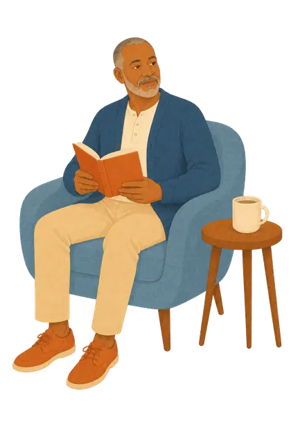 An adult seated in a slate chair holding an open journal