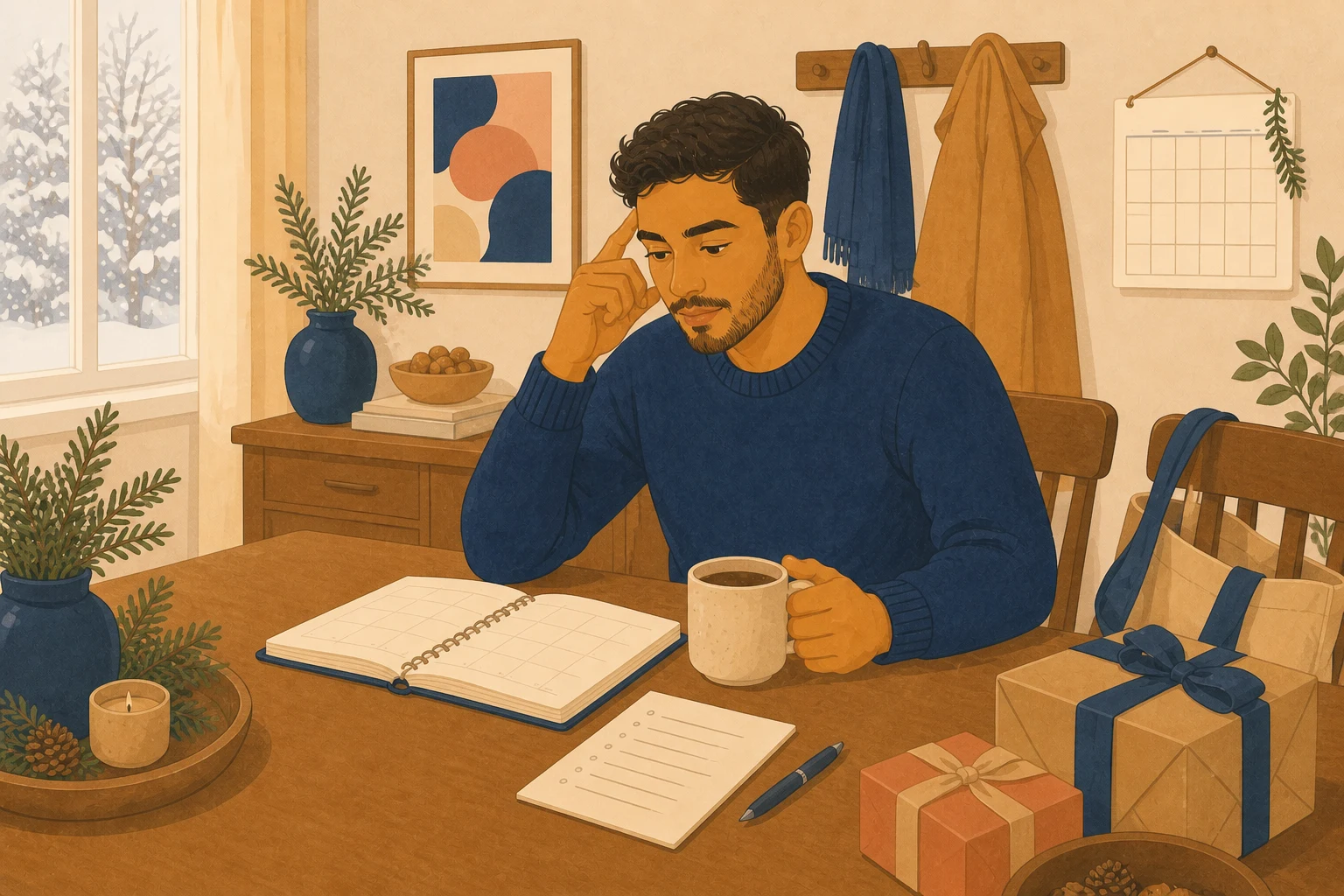 A young adult pauses over a holiday planner with a warm drink and wrapped gifts nearby.