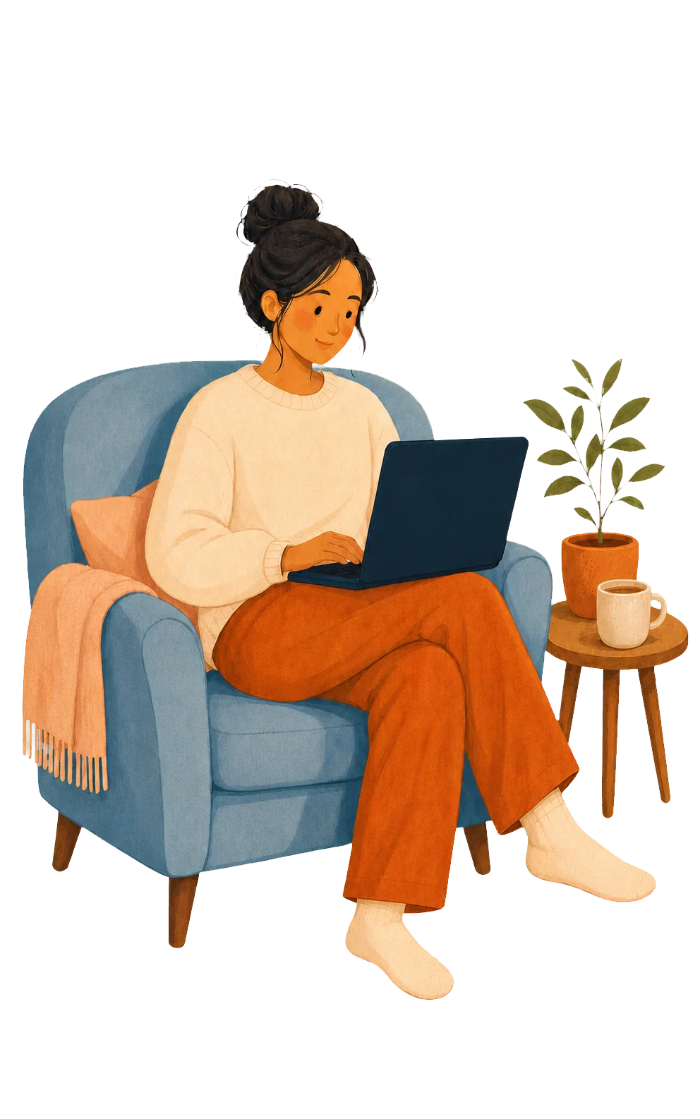 A client attending an online counseling session from a comfortable chair at home
