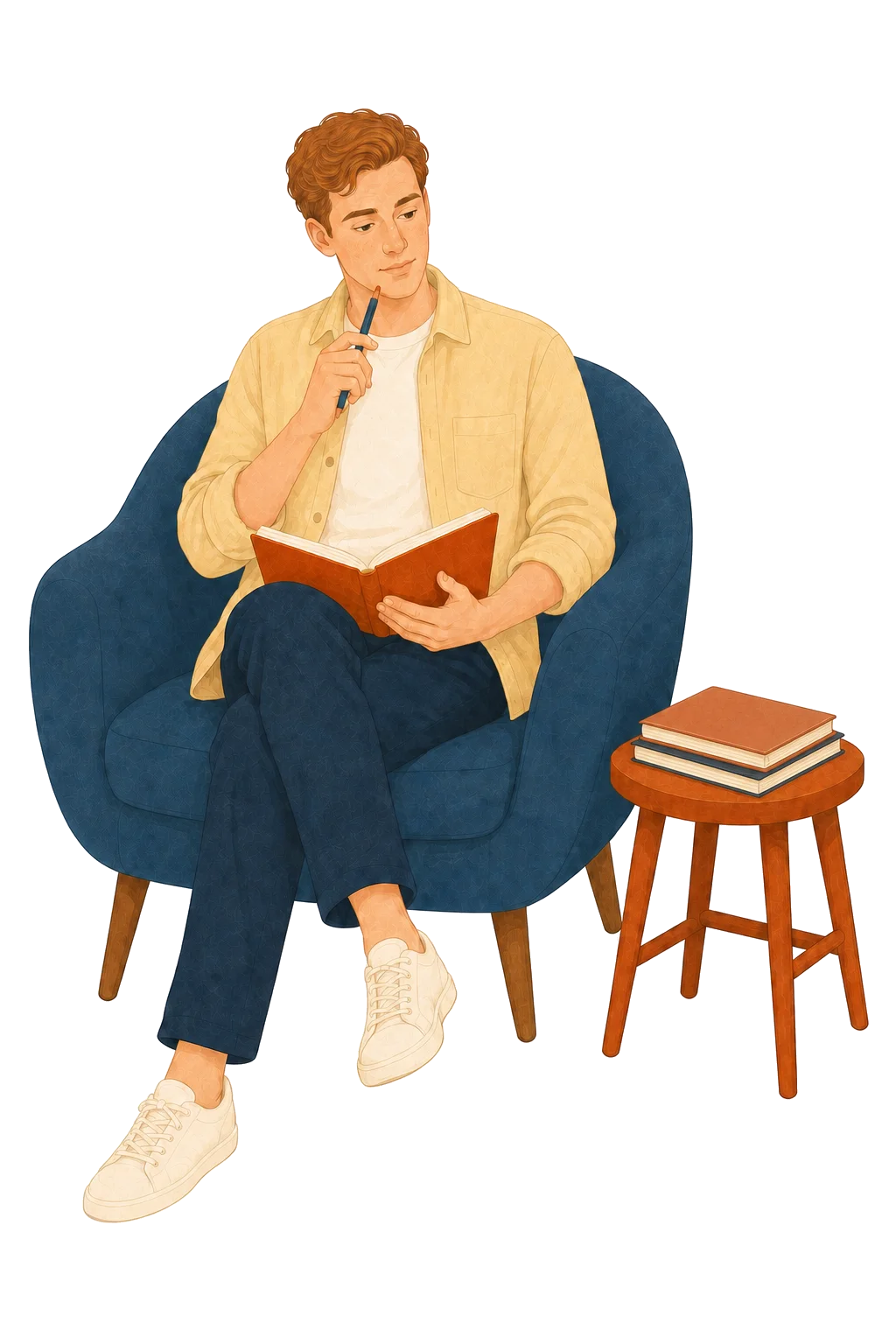 A young adult man thoughtfully reviewing a notebook while seated beside two stacked notebooks