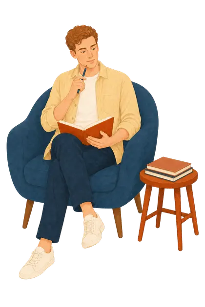 A young adult man thoughtfully reviewing a notebook beside two stacked notebooks