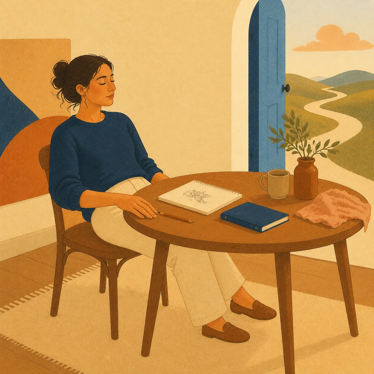 A young adult woman setting down her pencil and resting beside an unfinished sketch